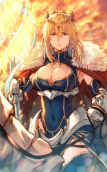 Rule 34 | 1girl, ahoge, armor, artoria pendragon (fate), artoria pendragon (lancer) (fate), blue dress, blue gloves, blue legwear, blue leotard, breasts, cape, closed mouth, commentary, covered navel, crown, dress, facing viewer, fate/grand order, fate (series), fur-trimmed cape, fur trim, gauntlets, gloves, glowing, glowing weapon, green eyes, hair between eyes, heattech leotard, highres, horse, horseback riding, lance, large breasts, leotard, looking at viewer, makimura shunsuke, polearm, red cape, rhongomyniad (fate), riding, sidelocks, turtleneck, underbust, weapon, white horse
