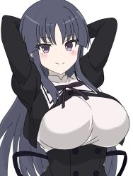 Rule 34 | 1girl, alternate breast size, arms behind head, arms up, assault lily, black hair, black ribbon, black skirt, blush, breasts, closed mouth, commentary request, cropped jacket, high-waist skirt, highres, huge breasts, juliet sleeves, kimassi, long hair, long sleeves, looking at viewer, neck ribbon, puffy sleeves, purple eyes, ribbon, school uniform, shirai yuyu, shirt, sidelocks, simple background, skirt, smile, solo, upper body, white background, white shirt, yurigaoka girls academy school uniform