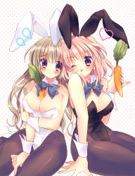 Rule 34 | 2girls, animal ears, bad id, bad pixiv id, bare shoulders, between breasts, blush, bow, bowtie, breasts, brown eyes, brown hair, carrot, cleavage, curvy, detached collar, fake animal ears, large breasts, long hair, multiple girls, one eye closed, original, pantyhose, pink hair, playboy bunny, purple eyes, rabbit ears, short hair, sitting, smile, thick thighs, thighs, tongue, tongue out, wide hips, wrist cuffs, zest (lossol)