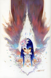 Rule 34 | absurdres, angel, blue hair, feathers, flower, hakua ugetsu, highres, long hair, red eyes, scan, solo, wings