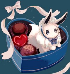Rule 34 | absurdres, alternate color, animal focus, aqua background, artist name, blue bow, blue bowtie, blue eyes, bow, bowtie, box, box of chocolates, candy, chocolate, chocolate heart, closed mouth, creatures (company), eevee, food, game freak, gen 1 pokemon, heart, highres, looking at viewer, mane, nintendo, no humans, pokemon, pokemon (creature), ribbon, shiny pokemon, simple background, smile, sparkle, su (sajo su5), twitter username, white fur, white ribbon
