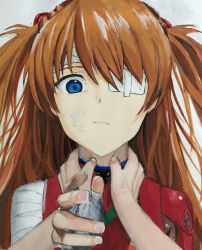 Rule 34 | 1boy, 1girl, abuse, artist request, asphyxiation, bandages, blue eyes, breasts, crying, the end of evangelion, grabbing, hair between eyes, hairpods, highres, ikari shinji, long hair, looking at viewer, neon genesis evangelion, plugsuit, pov, ryona, scan, serious, souryuu asuka langley, strangling, strangulation, tears, traditional media, twintails, two side up