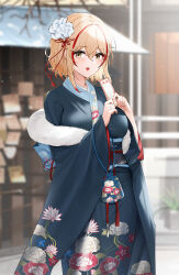 Rule 34 | 1girl, :&gt;, azur lane, bare tree, blonde hair, blue kimono, blurry, blurry background, breasts, floral print, flower, hair between eyes, hair flower, hair ornament, highres, japanese clothes, jewelry, kimono, kinchaku, large breasts, looking at viewer, multicolored hair, new year, obi, obiage, obijime, omikuji, open mouth, outdoors, plant, potted plant, pouch, qing wu, red hair, ring, roon (azur lane), sash, short hair, sidelocks, smile, snow, snowing, solo, standing, streaked hair, tree, wedding ring, yellow eyes