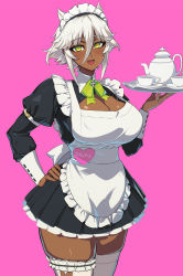 Rule 34 | 1girl, alternate costume, apron, breasts, cleavage, cup, dark-skinned female, dark skin, enmaided, green eyes, hand on own hip, highres, holding, holding tray, huge breasts, looking at viewer, maid, maid apron, maid headdress, ookuma nekosuke, open mouth, pink background, shinmai maou no testament, simple background, skindentation, smile, solo, standing, teacup, teapot, thighhighs, thighs, tray, white hair, white thighhighs, wrist cuffs, zest