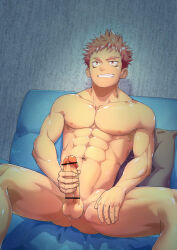 Rule 34 | 1boy, abs, absurdres, bar censor, between legs, censored, collarbone, commentary request, commission, completely nude, couch, erection, facial mark, facing viewer, gluteal fold, grin, groin, hand between legs, hand on own thigh, highres, indoors, itadori yuuji, jujutsu kaisen, large penis, male focus, male masturbation, masturbation, navel, nipples, nude, on couch, pectorals, penis, pillow, pink hair, red eyes, rikigo, shiny skin, short hair, sitting, smile, solo, spiked hair, spread legs, testicles, toned, toned male, veins, veiny penis