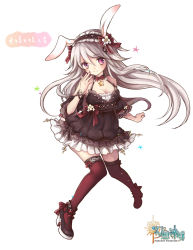Rule 34 | 1girl, animal ears, aura kingdom, black dress, bow, breasts, brown footwear, bya, cleavage, commentary request, copyright name, detached sleeves, dress, frilled dress, frills, full body, grey hair, hair bow, hairband, high heels, highres, lolita hairband, long hair, medium breasts, rabbit ears, red bow, red thighhighs, serena (aura kingdom), short dress, short sleeves, sleeveless, sleeveless dress, solo, star (symbol), striped, striped bow, thighhighs, translation request, very long hair, white background