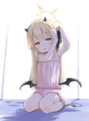 Rule 34 | 1girl, alternate costume, backlighting, bed sheet, blonde hair, bloom, blue archive, blush, commentary request, demon horns, demon tail, demon wings, hair down, hairdressing, halo, highres, horns, ibuki (blue archive), kokekokko coma, long hair, looking at viewer, low wings, on bed, open mouth, pajamas, pink pajamas, pointy ears, polka dot, polka dot pajamas, seiza, sitting, smile, solo, tail, variant set, wings, yellow halo
