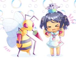 Rule 34 | &gt; &lt;, 1girl, :d, bare arms, bare shoulders, beedrill, black hair, blush, braid, chibi, commission, creatures (company), crossover, dress, fang, food, game freak, gen 1 pokemon, hair ornament, hair ribbon, hairclip, highres, holding, holding food, kantai collection, kou hiyoyo, mole, mole under eye, nintendo, notice lines, open mouth, pink ribbon, pixiv commission, pokemon, pokemon (creature), popsicle, ribbon, sailor collar, sailor dress, scirocco (kancolle), shadow, sleeveless, sleeveless dress, smile, standing, star (symbol), star hair ornament, striped neckwear, two side up, watermelon bar, white background, white dress, white sailor collar, xd