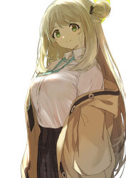 Rule 34 | 1girl, black skirt, blue archive, breasts, cardigan, collared shirt, green eyes, green halo, halo, highres, large breasts, light brown hair, long hair, long sleeves, looking at viewer, momiji oroshi, nonomi (blue archive), open cardigan, open clothes, pleated skirt, shirt, simple background, skirt, solo, white background, white shirt, yellow cardigan
