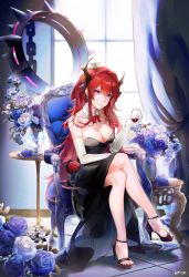 Rule 34 | 1girl, absurdres, alternate costume, arknights, bare shoulders, black dress, black table, breasts, cup, demon girl, demon horns, detached collar, dress, drinking glass, elbow gloves, gloves, high heels, highres, horns, long hair, purple eyes, red hair, sitting, solo, surtr (arknights), wine glass