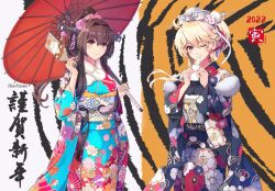 Rule 34 | 2022, 2girls, alternate costume, artist name, blonde hair, blue eyes, breasts, brown hair, cherry blossoms, eating, floral print, food, fur-trimmed kimono, fur trim, hair intakes, hair ornament, headgear, himeyamato, holding, holding food, holding paddle, iowa (kancolle), japanese clothes, kantai collection, kimono, long hair, medium breasts, mochi, multiple girls, new year, oil-paper umbrella, paddle, red eyes, star-shaped pupils, star (symbol), symbol-shaped pupils, umbrella, very long hair, yamato (kancolle)