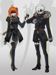 Rule 34 | 1boy, 1girl, adapted costume, ahoge, alternate color, arm at side, back bow, belt, black blindfold, black coat, black dress, black footwear, black gloves, black pants, black ribbon, black thighhighs, blindfold, bow, chaldea logo, chest strap, chromatic aberration, clenched hand, closed mouth, coat, command spell, dress, facing viewer, fate/grand order, fate (series), fujimaru ritsuka (female), fujimaru ritsuka (female) (decisive battle chaldea uniform), full body, fur-trimmed collar, fur-trimmed sleeves, fur trim, gloves, grey background, grey belt, grey bow, grey hair, hair ribbon, hanako (onikutabetaiyo), hand up, high collar, high heels, highres, holding, holding sword, holding weapon, juliet sleeves, kadoc zemlupus, long sleeves, medium hair, nier:automata, nier (series), orange hair, pants, puffy sleeves, ribbon, short hair, side ponytail, smile, standing, sword, thigh strap, thighhighs, twitter username, two-sided dress, two-sided fabric, weapon
