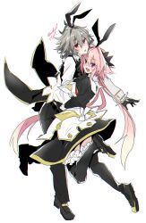 Rule 34 | 2boys, animal ears, astolfo (fate), astolfo (saber) (fate), black bow, black bowtie, black gloves, black pants, black thighhighs, black vest, blush, bow, bowtie, fake animal ears, fang, fate/apocrypha, fate/grand order, fate (series), frilled thighhighs, frills, full body, gloves, gold trim, grey hair, hair between eyes, hair bow, hair intakes, haoro, highres, light blush, long hair, male focus, mary janes, multicolored hair, multiple boys, open mouth, pants, pink hair, purple eyes, rabbit ears, red eyes, red ribbon, ribbon, shirt, shoes, short eyebrows, short hair, sieg (fate), signature, simple background, skin fang, smile, streaked hair, thighhighs, trap, twintails, two-tone dress, two-tone hair, very long hair, vest, white background, white hair, white shirt, wing collar