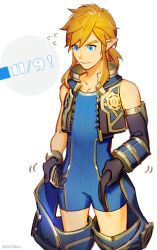 Rule 34 | 1boy, blonde hair, blue eyes, bodysuit, cosplay, crossover, crotchless, crotchless pants, fingerless gloves, gloves, hair ornament, link, male focus, nintendo, official alternate costume, pants, rex (xenoblade), simple background, solo, the legend of zelda, the legend of zelda: breath of the wild, xenoblade chronicles (series), xenoblade chronicles 2