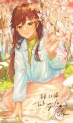 Rule 34 | 1girl, absurdres, alternate costume, arashio (kancolle), brown eyes, brown hair, commission, day, flower, grass, highres, holding, holding petal, jewelry, kantai collection, long hair, long sleeves, looking at viewer, necklace, open mouth, outdoors, petals, pink flower, pink skirt, rom (rommmoon), signature, sitting, skeb commission, skirt, socks, solo, very long hair, white flower, white socks