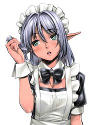 Rule 34 | 1girl, :o, black bow, black bowtie, blush, bow, bowtie, breasts, cleavage, detached collar, eyebrows, green eyes, h kasei, hair between eyes, hair intakes, twirling hair, headdress, looking at viewer, looking away, maid, maid headdress, open mouth, original, pointy ears, purple hair, simple background, solo, tan, upper body, white background, wrist cuffs