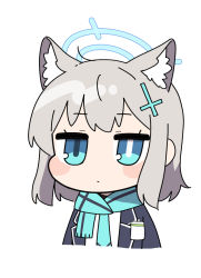 Rule 34 | 1girl, animal ear fluff, animal ears, blazer, blue archive, blue eyes, blue jacket, blue scarf, blush stickers, chibi, closed mouth, expressionless, hair ornament, halo, id card, jacket, jitome, junsuina fujunbutsu, long sleeves, mismatched pupils, open clothes, open jacket, scarf, shiroko (blue archive), shirt, silver hair, simple background, solo, striped clothes, striped scarf, upper body, white background, white shirt, wolf ears
