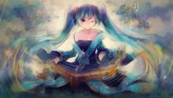 Rule 34 | 1girl, ;), aqua hair, bare shoulders, blue eyes, blue hair, breasts, cleavage, collarbone, dress, female focus, glowing, gradient hair, hair ornament, highres, instrument, jewelry, large breasts, league of legends, long hair, looking at viewer, lyiet, matching hair/eyes, multicolored hair, music, off-shoulder dress, off shoulder, one eye closed, playing instrument, smile, solo, sona (league of legends), sound effects, treble clef, twintails, upper body, very long hair