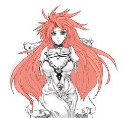 Rule 34 | 1girl, breasts, chair, choker, cleavage, detached sleeves, dress, green eyes, large breasts, long hair, marupon, monochrome, oekaki, red hair, simple background, sitting, solo, sweatdrop, v arms