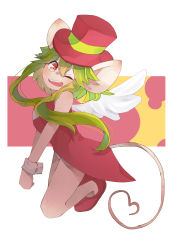 Rule 34 | 1girl, animal ears, blush, breasts, green hair, hat, highres, leotard, mad rat dead, mouse (animal), mouse ears, mouse girl, mouse tail, nippon ichi, rat god, red eyes, tail, top hat, wings, wrist cuffs