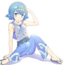 Rule 34 | 1girl, :o, arm up, blue eyes, blue hair, blue pants, blue sailor collar, breasts, commentary request, covered navel, creatures (company), flip-flops, game freak, gekishinn, gold hairband, hairband, lana (pokemon), looking at viewer, nintendo, one-piece swimsuit, open mouth, pants, pokemon, pokemon sm, sailor collar, sandals, shirt, short hair, sleeveless, small breasts, solo, swimsuit, swimsuit under clothes, toes, tongue, trial captain, wet, wet clothes
