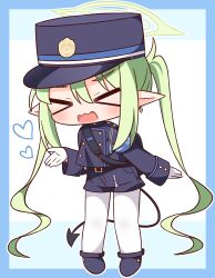 Rule 34 | &gt; &lt;, 1girl, armband, belt, belt buckle, black belt, black footwear, black hat, black jacket, black shorts, blue archive, blue background, blue border, blush, border, buckle, chibi, closed eyes, demon tail, facing viewer, full body, gloves, green hair, halo, hana kazari, hat, heart, nozomi (blue archive), highres, jacket, long hair, long sleeves, open mouth, outline, pantyhose, pantyhose under shorts, peaked cap, pointy ears, shoes, short shorts, shorts, sleeves past wrists, solo, standing, tail, twintails, two-tone background, very long hair, wavy mouth, white background, white gloves, white outline, white pantyhose