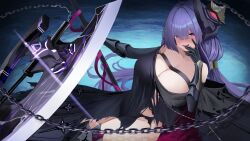 Rule 34 | 1girl, absurdres, azur lane, bare shoulders, black dress, blush, boots, breasts, chain, dress, elbow gloves, gloves, hair ornament, hair over eyes, highres, holding, holding weapon, large breasts, looking at viewer, mogador (azur lane), no bra, no panties, purple hair, red eyes, smile, smitcuk, solo, thigh boots, torn clothes, weapon