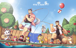 Rule 34 | 3boys, absurdres, alca (wakatanka4), animal crossing, animal ears, bara, beard, black hair, blue shorts, character request, crossover, facial hair, from below, grey shorts, gyee, highres, leg up, lion boy, lion ears, lion tail, male focus, mature male, multiple boys, muscular, muscular male, nintendo, original, shoes, short hair, shorts, sideburns, sneakers, tail, thick eyebrows, thick thighs, thighs, tree, tudo yi, water, wolf ears, wolf tail
