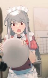 Rule 34 | 1girl, absurdres, alice gear aegis, apron, blush, commentary request, headdress, highres, holding, holding plate, jinguuji mari, open mouth, plate, red eyes, silver hair, snlivis50, solo, sweat, waitress
