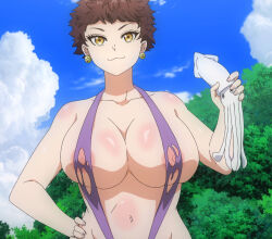 :3 animal anime_screenshot breasts brown_hair closed_mouth cloud collarbone earrings elf-san_wa_yaserarenai. hand_on_own_hip highres holding holding_animal huge_breasts jewelry looking_at_viewer navel nipples one-piece_swimsuit outdoors purple_one-piece_swimsuit satero_(elf-san_wa_yaserarenai.) short_hair sky slingshot_swimsuit smile squid stitched swimsuit third-party_edit torn_clothes torn_swimsuit upper_body yellow_eyes