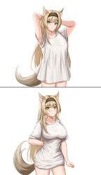 Rule 34 | 1girl, absurdres, animal ears, aqua eyes, arknights, arm behind back, arms behind head, arms up, black hairband, blonde hair, blush, breasts, collarbone, commentary, cowboy shot, dress, gongbangmanchi (daisy cutter), hair ornament, hairband, hairclip, highres, horn (arknights), large breasts, long hair, looking at viewer, multiple views, no pants, pencil dress, shirt, short dress, short sleeves, simple background, standing, tail, very long hair, white background, white dress, white shirt, wolf ears, wolf tail