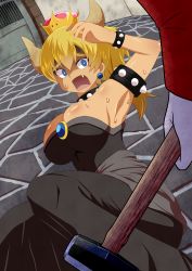 Rule 34 | 1boy, 1girl, absurdres, armlet, armpits, black collar, black dress, blonde hair, blue eyes, bowsette, bracelet, breasts, cobblestone, collar, commentary request, dress, earrings, fang, feet out of frame, gloves, hammer, highres, holding, holding hammer, horns, jewelry, large breasts, long dress, long hair, long sleeves, looking at another, mario, mario (series), new super mario bros. u deluxe, nintendo, open mouth, red shirt, scared, shirt, spiked armlet, spiked bracelet, spiked collar, spikes, strapless, strapless dress, super crown, suyarou, sweat, upper body, white gloves