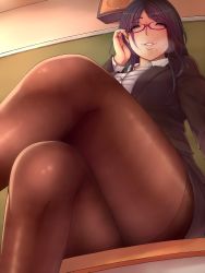 Rule 34 | 1girl, adjusting hair, bad id, bad pixiv id, black hair, black pantyhose, chalkboard, collared shirt, commentary, crossed legs, desk, dress shirt, formal, glasses, green eyes, grin, highres, indoors, kisaragi yakumo, long hair, looking at viewer, mole, mole under mouth, original, pantyhose, pencil skirt, school, school desk, shirt, sitting, skirt, skirt suit, smile, solo, suit, teacher, white shirt