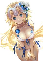 Rule 34 | 1girl, bare shoulders, bikini, blonde hair, blue eyes, blue ribbon, blush, breasts, choker, cleavage, collarbone, fate/apocrypha, fate (series), flower, hair flower, hair ornament, headpiece, hip focus, jeanne d&#039;arc (fate), jeanne d&#039;arc (ruler) (fate), large breasts, leaning forward, long hair, looking at viewer, navel, open mouth, ribbon, simple background, smile, solo, swimsuit, terai (teraimorimori), thighs, very long hair, white background, white bikini