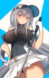 Rule 34 | 1girl, absurdres, arknights, bare shoulders, belt, binware, black hat, black panties, black shirt, border, breasts, closed mouth, commentary, covered navel, cowboy shot, detached sleeves, gloves, golf club, hat, highres, holding, holding golf club, long hair, looking at viewer, medium breasts, miniskirt, official alternate costume, panties, pantyshot, red eyes, shirt, short sleeves, silver hair, skadi (arknights), skirt, solo, thighs, underwear, upskirt, very long hair, visor cap, white belt, white border, white gloves, white skirt, wide sleeves