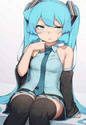 Rule 34 | 1girl, abmayo, absurdres, bare shoulders, black skirt, black sleeves, black thighhighs, breasts, detached sleeves, feet out of frame, green eyes, green hair, green necktie, grey background, grey shirt, hair ornament, hand up, hatsune miku, highres, long hair, looking at viewer, medium breasts, miniskirt, necktie, pleated skirt, shirt, simple background, sitting, skirt, solo, thighhighs, tie clip, twintails, vocaloid