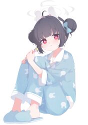 :t absurdres ahoge alternate_hairstyle animal_ears aqua_bow blue_archive blue_pajamas blunt_bangs bow closed_mouth dango double_bun eating fake_animal_ears food full_body grey_hair grey_halo hair_bow hair_bun halo highres holding holding_food hugging_own_legs looking_at_viewer miyu_(blue_archive) pajamas rabbit_ears red_eyes rokukarashi sanshoku_dango short_hair simple_background sitting slippers wagashi white_background