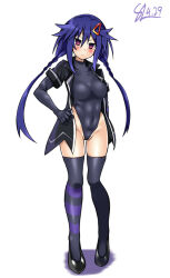 Rule 34 | 1girl, ankokuboshi kurome, arm behind back, asymmetrical legwear, black leotard, black shirt, blue eyes, blue hair, blush, braid, breasts, covered navel, embarrassed, frown, full body, gradient eyes, hair between eyes, hand on own hip, highres, hip focus, kurozero, leotard, long hair, looking at viewer, looking down, medium breasts, mismatched legwear, multicolored eyes, neptune (series), no pants, open clothes, open shirt, purple eyes, shin jigen game neptune vii, shirt, solo, standing, striped clothes, striped thighhighs, thighhighs, twin braids, twintails, very long hair