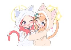 Rule 34 | 2girls, animal ears, blue archive, blush, cat ears, cat girl, cat pajamas, cat tail, cheek-to-cheek, fake animal ears, fake tail, flower, hair flower, hair ornament, halo, heads together, highres, hug, karupa (karupapon), mari (blue archive), multiple girls, one eye closed, orange hair, red hair, tail, white flower, yellow halo, yuzu (blue archive)