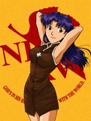 Rule 34 | 1girl, armpits, arms behind head, arms up, artist request, bare legs, bare shoulders, breasts, brown eyes, dress, floating hair, jewelry, katsuragi misato, large breasts, logo, long hair, looking at viewer, neon genesis evangelion, nerv, pendant, purple hair, short dress, smile, solo, standing, yellow background