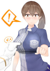 Rule 34 | !, 10s, 1girl, admiral (kancolle), barcode scanner, blush, breasts, brown eyes, brown hair, employee uniform, highres, kaga (kancolle), kantai collection, large breasts, lawson, long hair, ninoude (ninoude44), out of frame, pov, pov hands, scanner, side ponytail, solo focus, spoken exclamation mark, surprised, uniform