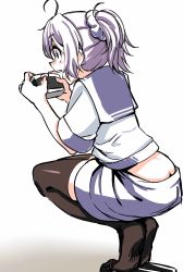 Rule 34 | 10s, 1girl, :d, absurdres, ahoge, aoba (kancolle), black thighhighs, blue eyes, blush, butt crack, camera, highres, kantai collection, kurihara kenshirou, messy hair, open mouth, purple hair, school uniform, scrunchie, serafuku, simple background, sketch, smile, solo, squatting, thighhighs, white background