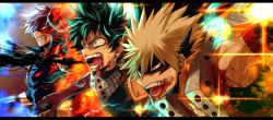 Rule 34 | 3boys, attack, bakugou katsuki, blonde hair, blood, blood on clothes, blood on face, blue eyes, boku no hero academia, burn scar, clenched teeth, electricity, explosion, fire, freckles, glowing, green eyes, green hair, highres, ice, lens flare, letterboxed, male focus, mask, unworn mask, midoriya izuku, mkm (mkm storage), multicolored hair, multiple boys, open mouth, red eyes, red hair, scar, scar on face, shouting, signature, spiked hair, split-color hair, teeth, todoroki shouto, two-tone hair, v-shaped eyebrows, white hair