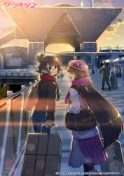 Rule 34 | 2boys, 2girls, ass, backpack, bag, beret, black jacket, blue pants, blush, breasts, brown hair, closed eyes, denim, edward teach (fate), fate/extra, fate/extra ccc, fate/grand order, fate (series), grin, hans christian andersen (fate), hat, highres, jacket, jeans, katsushika hokusai (fate), landmark, long hair, long sleeves, low twintails, luggage, multiple boys, multiple girls, osakabehime (fate), osakabehime (traveling outfit) (fate), pants, pink headwear, pink scarf, purple eyes, purple hair, red scarf, redrop, rolling suitcase, scarf, short hair, shoulder bag, skirt, smile, suitcase, tokyo big sight, twilight, twintails, very long hair