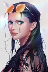 Rule 34 | 1girl, absurdres, artist name, black hair, character name, closed mouth, commentary, english commentary, eyewear on head, green eyes, highres, jolly roger, long hair, nico robin, one piece, orange-tinted eyewear, realistic, signature, skull and crossbones, smile, solo, sunglasses, tinted eyewear, yellow (huang-hotdog)