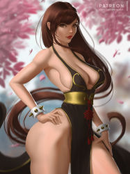 Rule 34 | alternate costume, bare shoulders, blurry, blurry background, bracelet, braid, breasts, brown eyes, brown hair, capcom, cherry blossoms, china dress, chinese clothes, chun-li, cleavage, commentary, dress, english commentary, falling petals, hands on own hips, jewelry, large breasts, lolliedrop, long hair, looking at viewer, muscular, parted lips, pelvic curtain, petals, pinup (style), red lips, sash, single braid, solo, spiked bracelet, spikes, street fighter, thick thighs, thighs