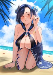 Rule 34 | 1girl, absurdres, bent over, bikini, black bikini, black nails, black skirt, blue hair, blush, bracelet, breasts, broken horn, brown eyes, cleavage, cloud, cyberlive, earrings, gudanco (nyanmeowzer), hair behind ear, halterneck, highres, horns, jewelry, large breasts, necklace, o-ring, o-ring bikini, oumiya emma, parted lips, second-party source, short hair, skirt, sky, smile, solo, swimsuit, virtual youtuber
