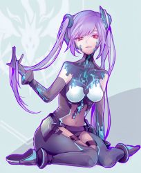 Rule 34 | 1girl, aqua background, arm at side, assault lily, azamino (lbkamaboko), belt, black bodysuit, black footwear, black gloves, bodysuit, bracer, breasts, commentary, covered navel, elbow gloves, emblem, full body, gloves, grey background, hair ornament, hand up, headgear, highres, holding, holding hair, knees together feet apart, light smile, long hair, looking at viewer, matsumura fuuka, medium breasts, parted lips, purple belt, purple hair, red eyes, shoe soles, shoes, sitting, solo, thigh strap, twintails, two-tone background, very long hair