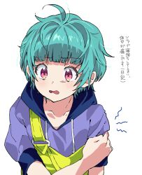 Rule 34 | 1girl, blue hair, blunt bangs, commentary request, drawstring, highres, hood, hood down, hoodie, looking at viewer, omega auru, open mouth, pretty series, purple hoodie, short hair, short sleeves, simple background, solo, translation request, tsujii luki, upper body, waccha primagi!, wavy mouth, white background, yellow overalls