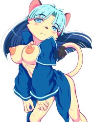 Rule 34 | 1girl, animal ears, aqua eyes, aqua hair, blue hair, blush, breasts, capelet, cat ears, cat girl, cat tail, embarrassed, female focus, furry, furry female, little tail bronx, long hair, multicolored hair, nipples, open clothes, red9 (isktmz), simple background, solo, stare priss, tail, tail concerto, two-tone hair, white background